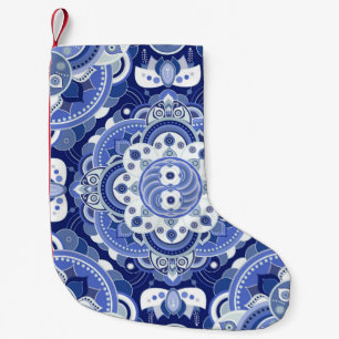 Meia De Natal Pequena Vintage azul geométrico, ornamento indiano.