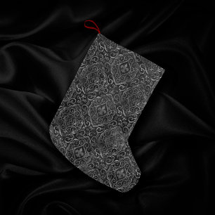 Meia De Natal Pequena Vintage Fleur de Lis Black Silver Grunge Damask