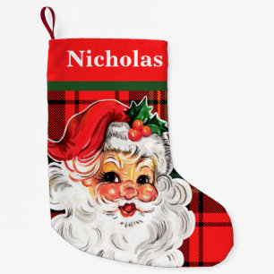Meia De Natal Pequena Vintage Papai Noel com fundo de Xadrez