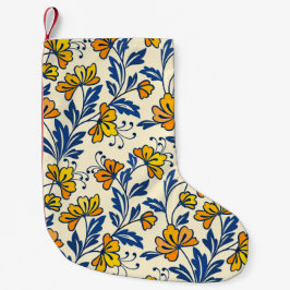 Meia De Natal Pequena Vintage Yellow Orange Folk Floral Blue Leaf