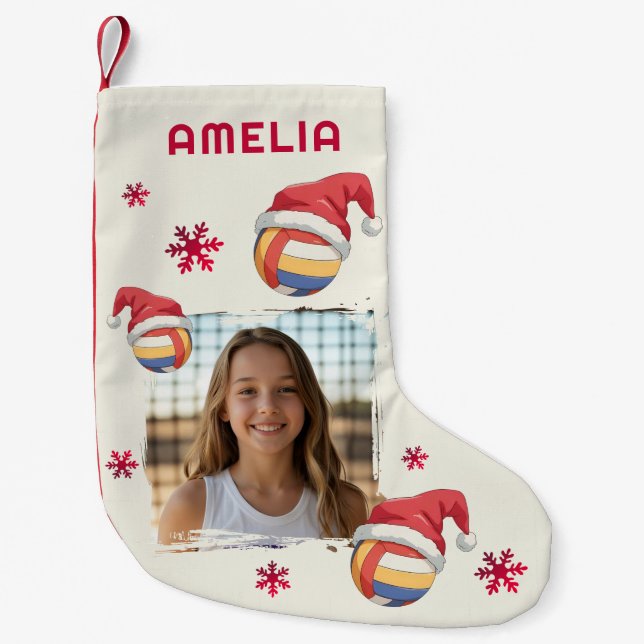 Meia De Natal Pequena Volleyball Santa Hat Name Photo Christmas  (Frente)