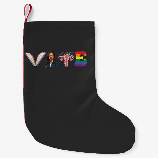 Meia De Natal Pequena VOTE Livros Uterus LGBT Kamala Harris Walz Eleição (Frente)