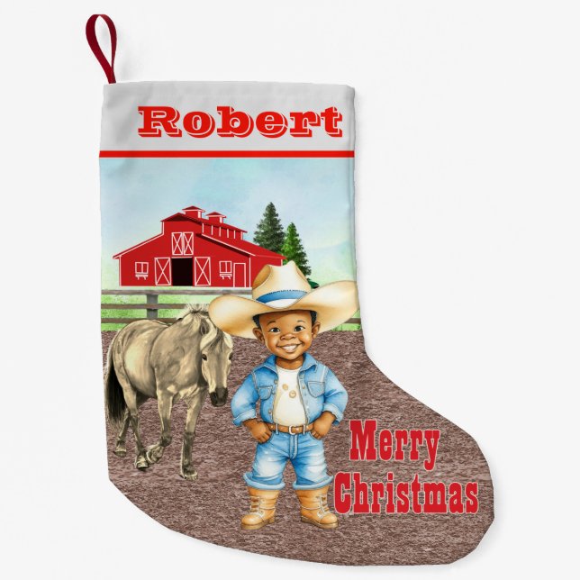 Meia De Natal Pequena West Little Cowboy com Cavalo e Celeiro (Frente)