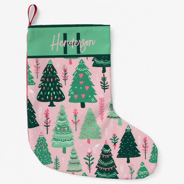 Meia De Natal Pequena Whimsical Pink & Green Christmas Tree Pattern Name (Frente)