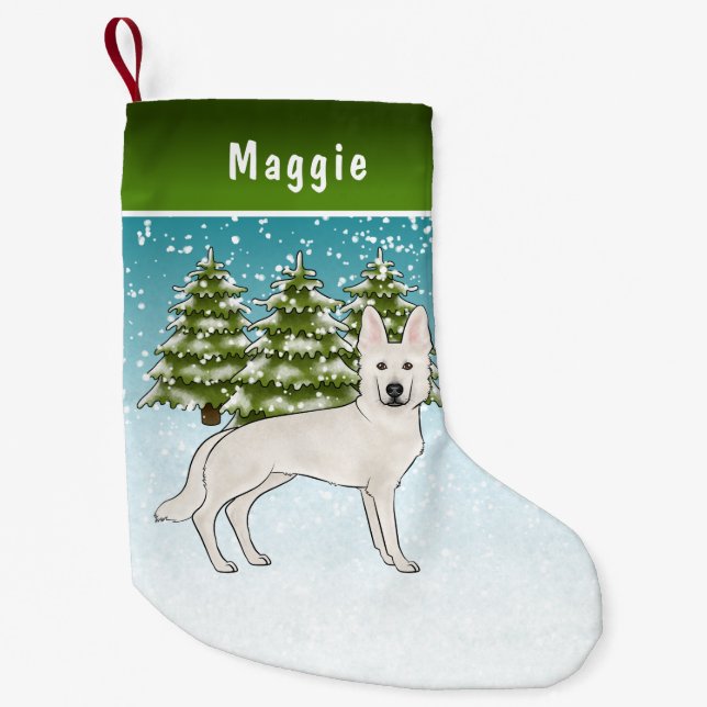 Meia De Natal Pequena White Swiss Shepherd White GSD Dog Winter Forest (Frente)