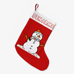 Meia De Natal Pequena Winter Snowman Pattern Kids Name Red