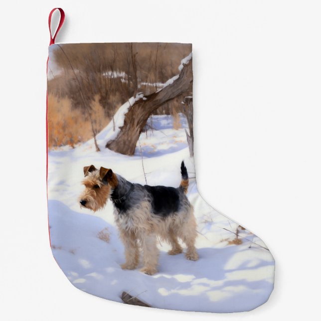 Meia De Natal Pequena Wire Fox Terrier Deixe Nevar Natal  (Frente)