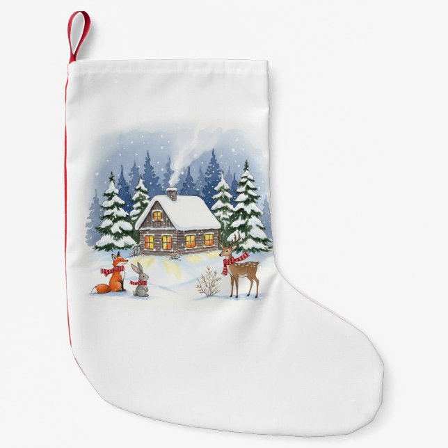 Meia De Natal Pequena Woodland Winter Cabin Christmas Stocks (Frente)