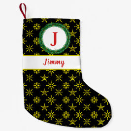 Meia De Natal Pequena Wreath Monograma Seu Nome Flocos de Neve Amarelos 