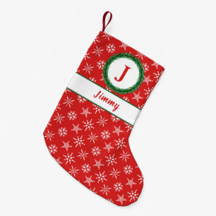 Meia De Natal Pequena Wreath Monograma Seu Nome Flocos de Neve Vermelhos