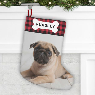 Meia De Natal Pequena Xadrez Búfalo Vermelho Osso de Cachorro Foto Nome