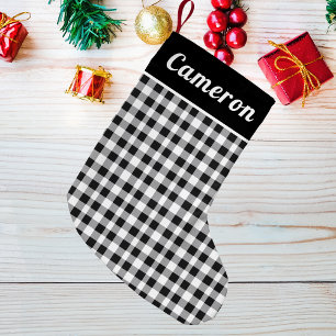 Meia De Natal Pequena Xadrez de Buffalo Russo Tartan Black White Name