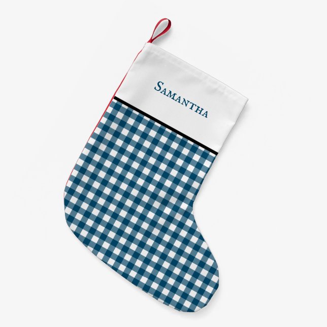 Meia De Natal Pequena Xadrez de gingham festiva azul do Oceano Clássico  (Frente (Pendurada))