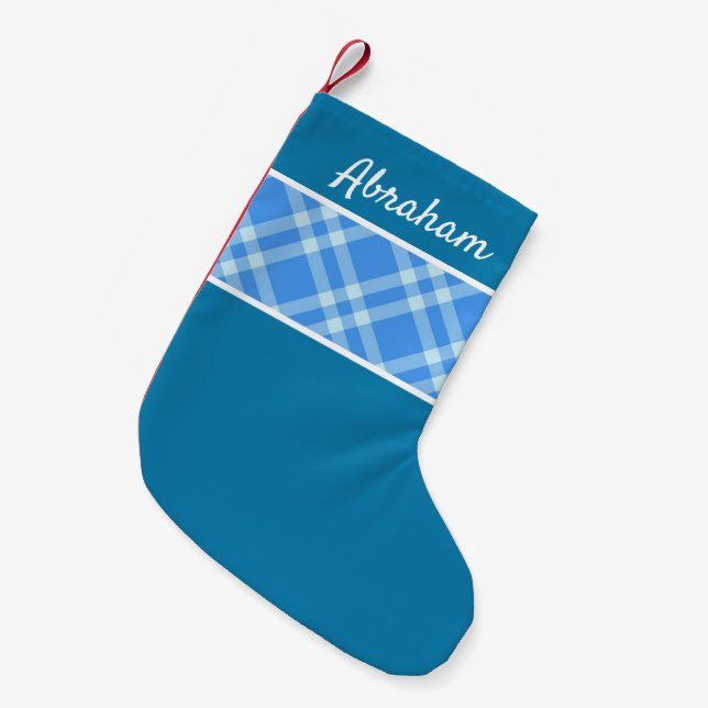 Meia De Natal Pequena xadrez de gingham russo, nome personalizado azul (Frente (Pendurada))