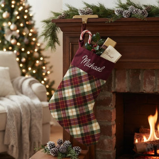 Meia De Natal Pequena Xadrez de Natal Burgundy & Verde