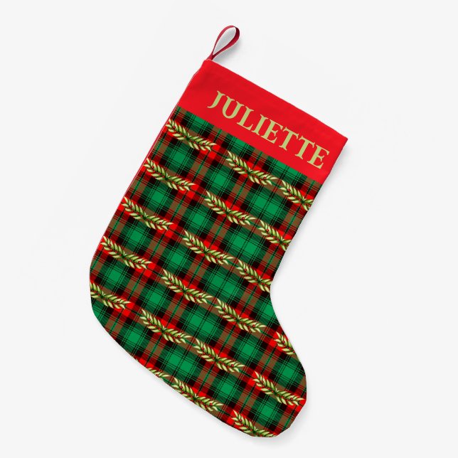 Meia De Natal Pequena Xadrez De Natal E Folhas (Frente (Pendurada))