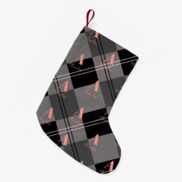 Meia De Natal Pequena Xadrez de Natal Monograma Cinza Preta Rosa