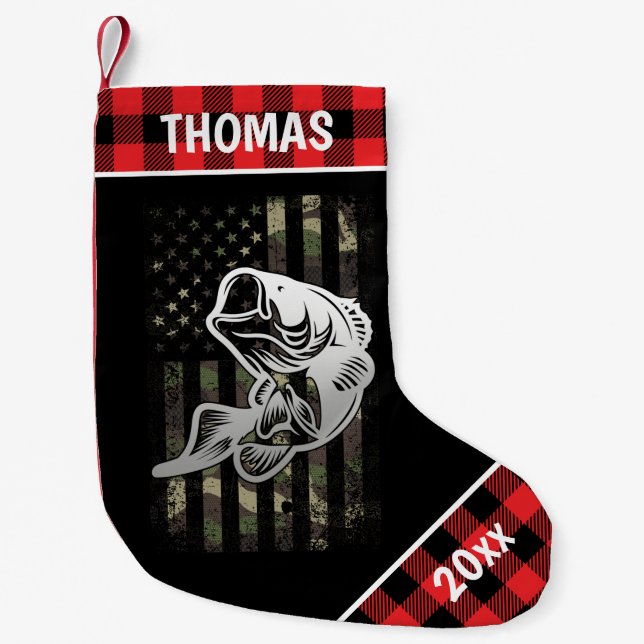 Meia De Natal Pequena Xadrez de Pesca Personalizada de Bandeira de Camuf (Frente)