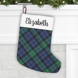 Meia De Natal Pequena Xadrez de Tartan Verde-Russo e Azul Personalizada