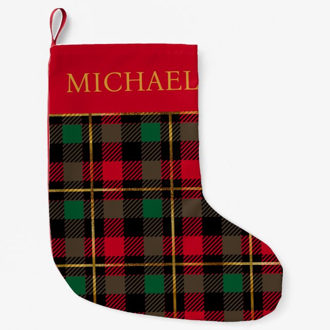 Meia De Natal Pequena Xadrez de Tartan Verde Vermelho Personalizada (Frente)