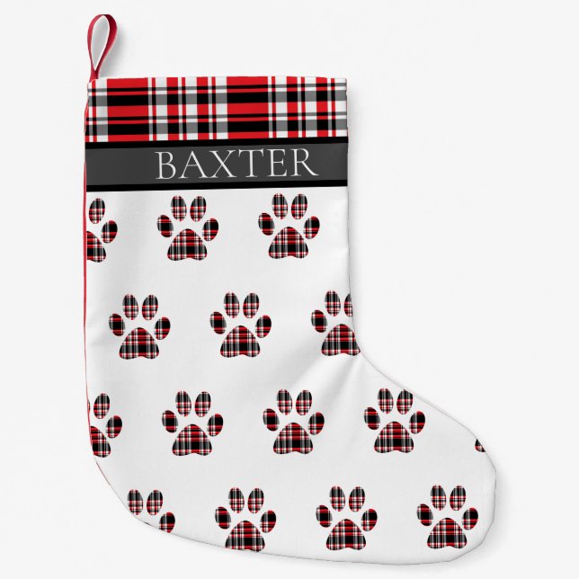 Meia De Natal Pequena Xadrez de Tartan Vermelho para Impressão de Pata d (Frente)
