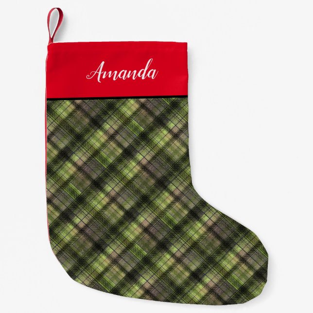 Meia De Natal Pequena Xadrez escocês verde preto clássico (Frente)