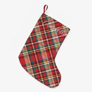 Meia De Natal Pequena Xadrez Farmhouse Script Red Check Holiday Personal