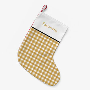Meia De Natal Pequena Xadrez gingham de cor de mostarda clássica com nom