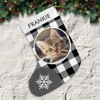Meia De Natal Pequena Xadrez Preto e Branco Búfalo com Foto e Nome Perso