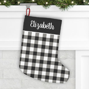 Meia De Natal Pequena Xadrez Preto e Branco Búfalo Nome em Letra Cursiva