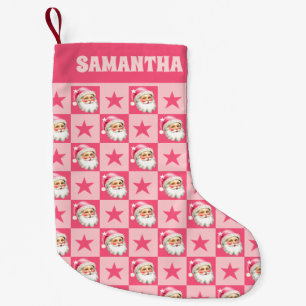 Meia De Natal Pequena Xadrez Rosa Noel Claus Rosa de Tartan Rosa