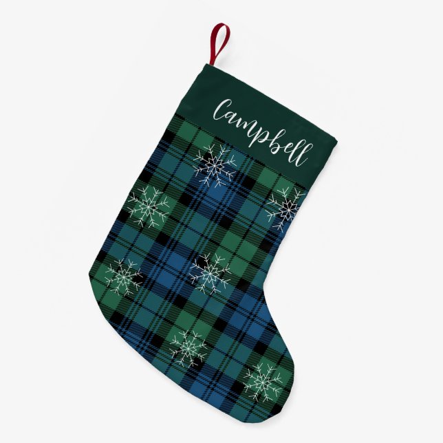 Meia De Natal Pequena Xadrez russa Campbell Tartan Green Farmhouse (Frente (Pendurada))