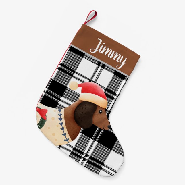 Meia De Natal Pequena Xadrez russa escocês de cão escocês, giro e person (Frente (Pendurada))