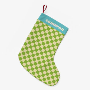 Meia De Natal Pequena Xadrez Verde Azul Personalizado Nome