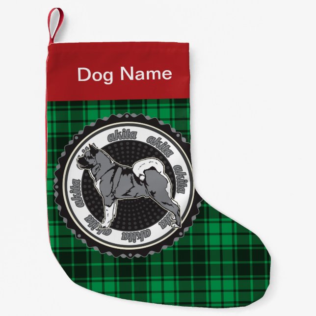 Meia De Natal Pequena Xadrez Verde de Feriado Personalizado Akita Dog (Frente)