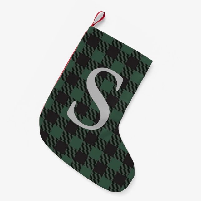 Meia De Natal Pequena Xadrez Verde Monogramado Clássico Férias Rústico (Frente (Pendurada))