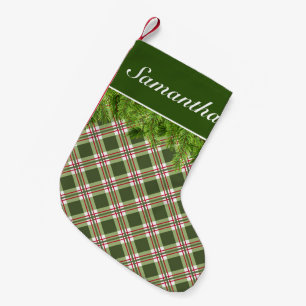 Meia De Natal Pequena Xadrez Vermelha Verde e Pine Branch Natal