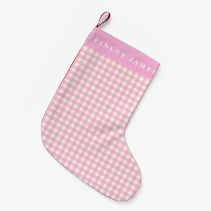 Meia De Natal Pequena Xadrez Vintage Pink e White Gingham Personalizada