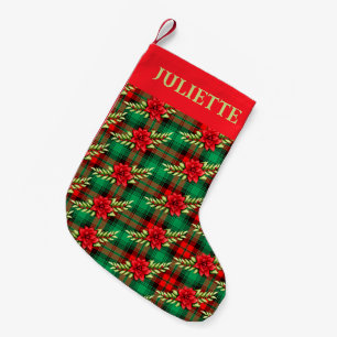 Meia De Natal Pequena Xadrezes De Natal Poinsettias E Folhas