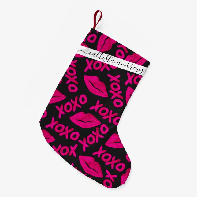 Meia De Natal Pequena XOXO Citando Lábios Pretos Neon-Rosa Pink Pêntrico (Frente (Pendurada))