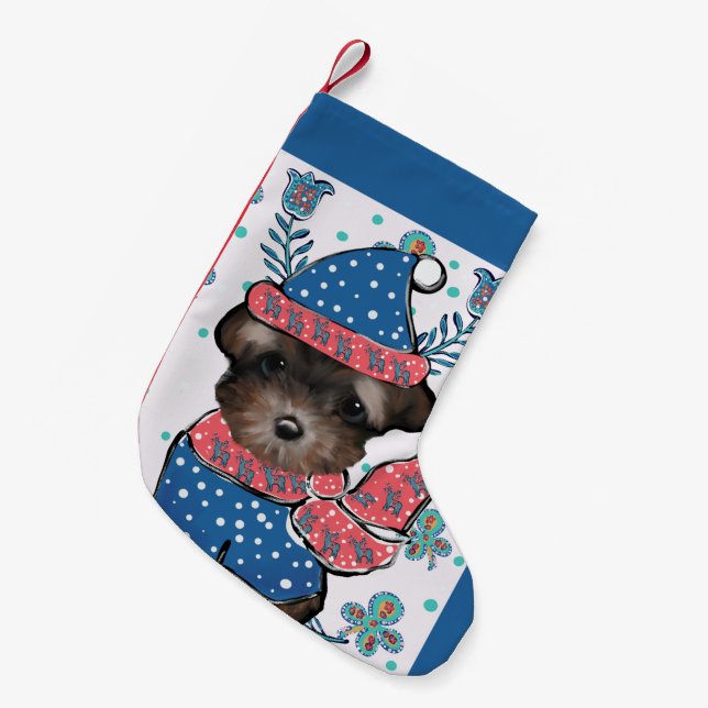 Meia De Natal Pequena Yorkie Poo  (Frente (Pendurada))