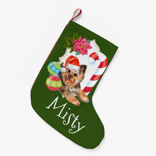 Meia De Natal Pequena Yorkie vestindo decoração de cana doce (Frente (Pendurada))