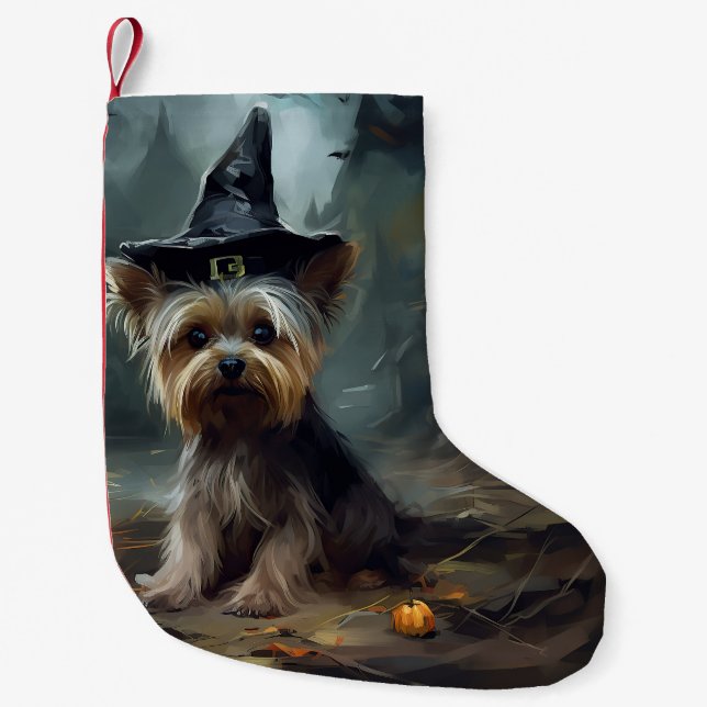 Meia De Natal Pequena Yorkshire Terrier Pumpkins Halloween Scary (Frente)