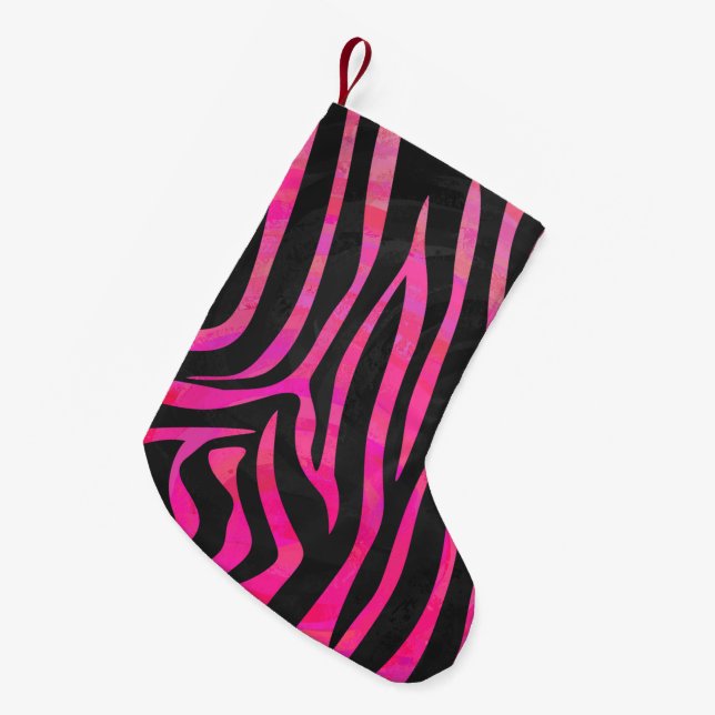 Meia De Natal Pequena Zebra Black e Hot Pink Impressão (Frente (Pendurada))