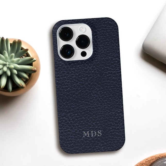 Meia-Noite de Leather Azul Faux (A faux and fabulous deep midnight blue leather look phone case with space for your initials)