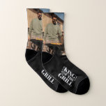 Meias BBQ King Socks<br><div class="desc">BBQ King Socks
A fun pair of black socks. These were designed on the larger size of sock. If you choose a smaller sizer,  the design elements may need altering. Add personalized friends picture.</div>