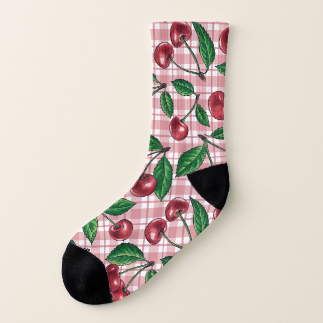 Meias Cerejas vermelhas em gingham rosa (Esquerda - Exterior)