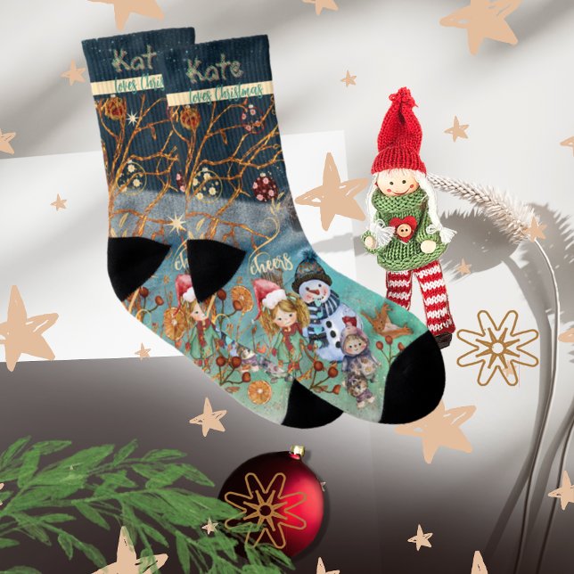Meias de Natal com Tudo-Sobre-Impressão azul mágic (Christmas Magic blue All-Over-Print Socks)