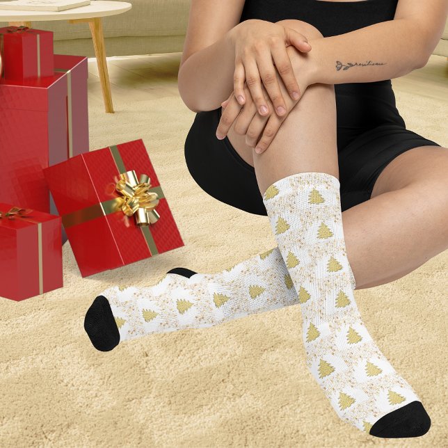Meias Estrelas Douradas de Natal, Árvores e Camisa Unise (Christmas Gold Stars, Trees & White Unisex Adult Socks)