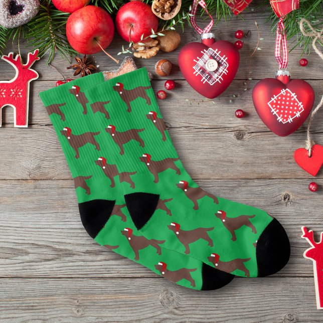 Meias Papais noeis de chocolate Labrador Silhouette Nata (Chocolate Labrador Silhouette Santa Hat Design Christmas Socks for Chocolate Labrador Owners.  )
